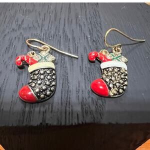 Vintage Christmas Silver Tone Painted Stocking Earrings Dangle Shimmer Glitter